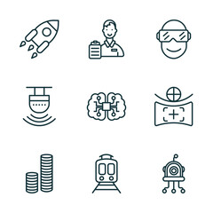 Poster - set of 9 linear icons from artificial intellegence concept. outline icons such as rocket, shop assistant, oculus rift, coins, train, microbots vector