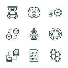 Poster - set of 9 linear icons from artificial intellegence concept. outline icons such as high speed tube, future brain, match moving, memory transfer, binary, graphene vector