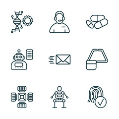Poster - set of 9 linear icons from artificial intellegence concept. outline icons such as genetic modification, assistant, medicine, nano sensor, exoskeleton, biometrics vector