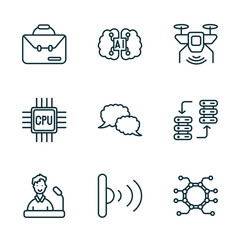 Poster - set of 9 linear icons from artificial intellegence concept. outline icons such as business, artificial intelligence, unmanned aerial vehicle, speech, infrared, unsupervised learning vector
