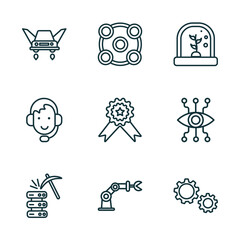 Poster - set of 9 linear icons from artificial intellegence concept. outline icons such as fyling vehicle, ar camera, artificial atmosphere, data mining, mechanical arm, hine vector