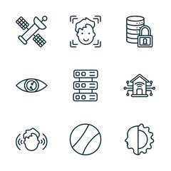 Poster - set of 9 linear icons from artificial intellegence concept. outline icons such as outer space, face recognition, secure data, immersive, ball, cyborg vector