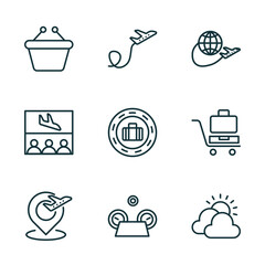 Poster - set of 9 linear icons from airport terminal concept. outline icons such as duty free basket, plane flying, trip, airport placeholder, flight panel, cloudy day vector