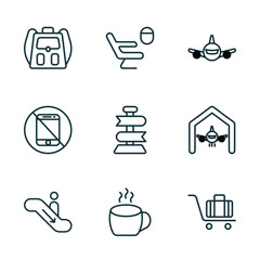 Poster - set of 9 linear icons from airport terminal concept. outline icons such as book bag with pockets, ai