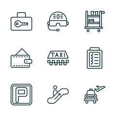 Aufkleber - set of 9 linear icons from airport terminal concept. outline icons such as luggage security, pilot helmet, trolley with food, parking square, or up, airport taxi vector