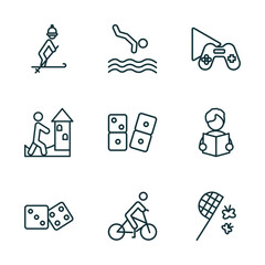 Poster - set of 9 linear icons from activity and hobbies concept. outline icons such as skiing, jumping to the water, game playing, table game, biking, butterfly catcher vector