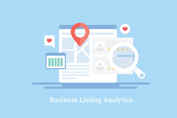 Wall Mural - Search engine marketing concept, local business listing location pin map on web browser, local store address direction and customer review information on display, vector illustration banner template.