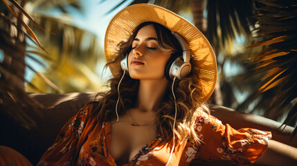 a young woman on a exotic beach listening music with modern headphones