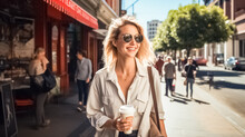 Portrait Of Beautiful Smiling European Woman Strolling Through City Street With Coffee Cup In Hands.
