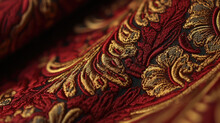 Vintage Decoration Of A Red And Gold Damask Fabric: A Draped And Folded Image Of A Beautiful And Colorful Material With An Arabesque Pattern And A Shiny Effect AI Generative