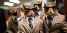 A Group Of Squirrels Wearing Suits And Sunglasses. AI.