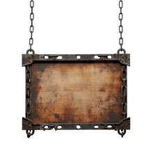 Medieval Wooden Sign Hanging On Chains Isolated On Transparent Or White Background, Png