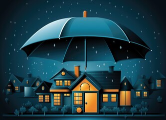 Canvas Print - A house under an umbrella in the rain. AI.