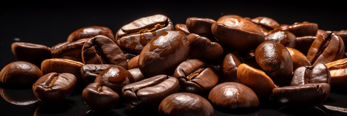 Wall Mural - Rosted whole coffee beans close up view. Food banner for web use or desing layout. Generative AI