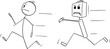 Mad Dangerous Robot Chasing Human, Vector Cartoon Stick Figure Illustration
