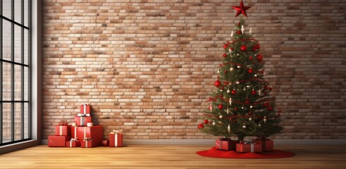 Canvas Print - Living room with a decorated Christmas tree on the background of a brick wall created with Generative AI technology