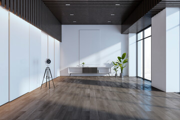Poster - Contemporary wooden and concrete living room interior with empty white mock up banner, window and city view, furniture and decorative plant. 3D Rendering.