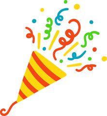 Exploding party popper. Cracker with colorful confetti. Festive firecracker icon. Popping ribbon confetti. Cracker for celebrating christmas birthday. Vector illustration isolated on white background.