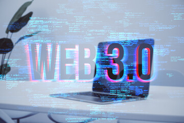 Aufkleber - Close up of laptop on desktop with creative glowing web 3.0 hologram on blurry light background. Metaverse and digital network concept. Double exposure.