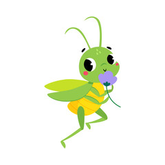 Sticker - Cute Green Grasshopper Character Smell Flower Vector Illustratio