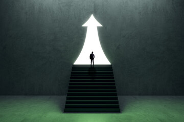 Wall Mural - Back view of businessperson silhouette in abstract concrete interior with upward arrow opening and stairs. Success, financial growth and future concept.