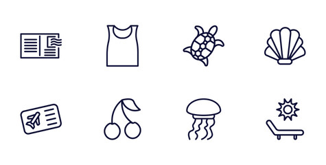 Poster - set of summer thin line icons. summer outline icons such as postcard, sleeveless, seashell, plane ticket, cherries, jellyfish, deck chairs and sun vector.