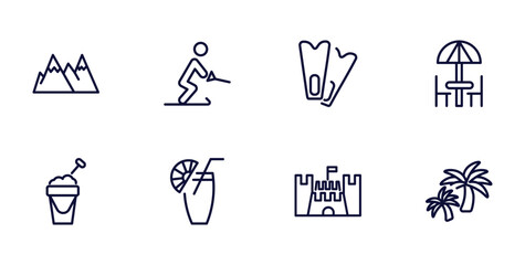 Poster - set of summer thin line icons. summer outline icons such as mountains, waterski, terrace, sand bucket, lime juice, sand castle, island with palm trees vector.