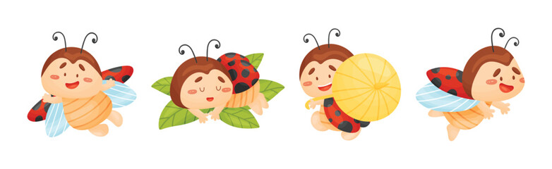 Poster - Cute Happy Ladybug with Spotted Wings Vector Set