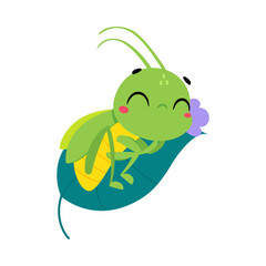 Poster - Cute Green Grasshopper Character Lying on Leaf Vector Illustration