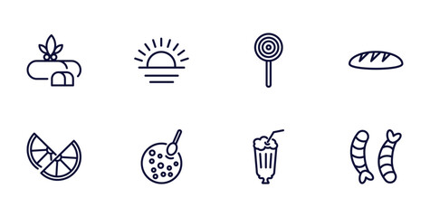 Wall Mural - set of food thin line icons. food outline icons such as marzipan, morning, french bread, lemon slice, red bean soup, milk shake, shrimps vector.