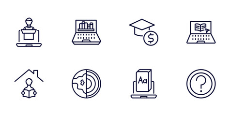 Sticker - set of distance learning thin line icons. distance learning outline icons such as online coaching, online library, elearning, homework, geology, digital book, ask vector.