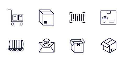 Canvas Print - set of delivery and logistics thin line icons. delivery and logistics outline icons such as package on trolley, packages, logistic protection, cargo train, zip code, delivery box, parcel vector.