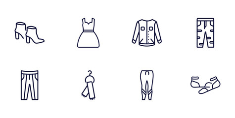 Canvas Print - set of clothes and outfit thin line icons. clothes and outfit outline icons such as ankle boots, drees, boyfriend low jean, oxford wave suit pants, scarf on hanger, leggins, ballets flats vector.