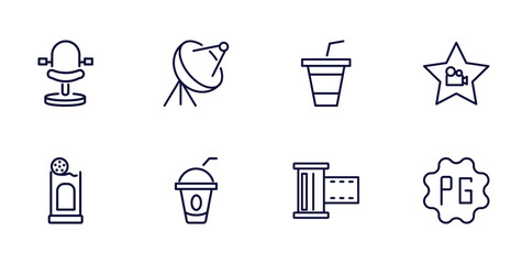 Poster - set of cinema and theater thin line icons. cinema and theater outline icons such as theatre seats, satellite tv dish, cinema celebrity, box office, take away drink, camera roll, parental guidance