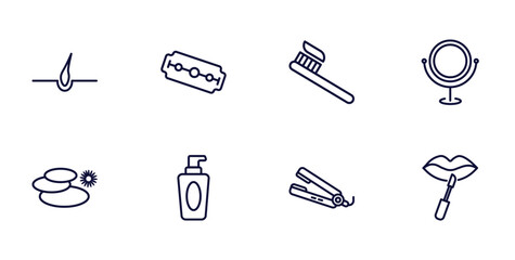 Poster - set of beauty and elegance thin line icons. beauty and elegance outline icons such as hair, big razor blade, makeup mirror, three stones, liquid makeup, flat iron, lip gloss vector.