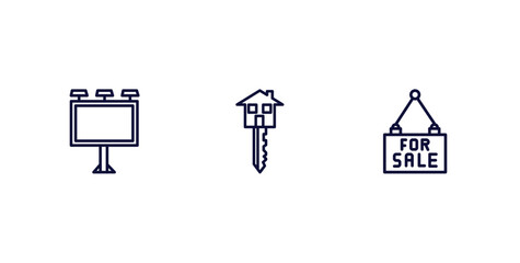 Sticker - set of real estate industry thin line icons. real estate industry outline icons included billboard, house key, for sale vector.