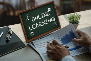 Poster - Learning Global Online learning student watching lesson online using laptop education learning online communication technology video call conference connection WEBINAR e-learning
