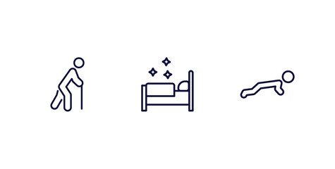 Poster - set of behavior and action thin line icons. behavior and action outline icons included old man walking, making the bed, stick man push up vector.