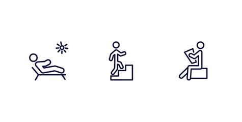 Canvas Print - set of behavior and action thin line icons. behavior and action outline icons included man sunbathing, man climbing, stick man reading vector.