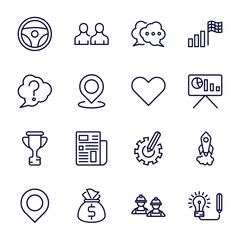 Sticker - set of strategy thin line icons. strategy outline icons such as steering wheel, speech, question, heart, trophy, placeholder, money bag, workers, creative vector.