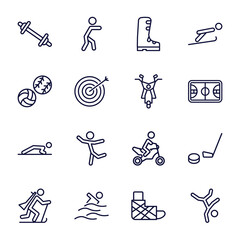 Poster - set of sport and games thin line icons. sport and games outline icons such as weighted bars, ski boots, balls, motor sports, man doing pushups, biathlon, swimming figure, sprained ankle, breakdance