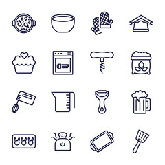 Poster - set of kitchen thin line icons. kitchen outline icons such as paella, kitchen mitten, cupcake, corkscrew, mixer, molded, bun warmer, tray, spatula vector.