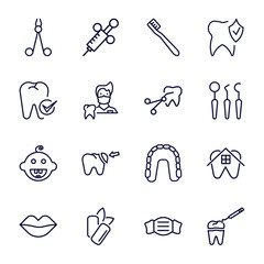 Poster - set of dental health thin line icons. dental health outline icons such as dentist scissors, toothbrushes, dental checkup, tooth extraction, baby mouth, mint gum, dentist mask, tooth filling vector.