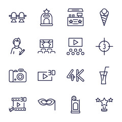 Poster - set of cinema and theater thin line icons. cinema and theater outline icons such as cinema chair, snack bar, author, film viewer, dslr camera, 3d movie, small carnival mask, box office, trophy with