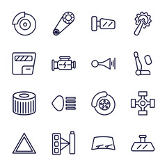 Poster - set of car parts thin line icons. car parts outline icons such as car disc brake, wing mirror, glove compartment, horn, oil filter, hazard lights, manifold, windscreen, rear-view mirror vector.