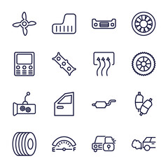 Canvas Print - set of car parts thin line icons. car parts outline icons such as car fan, bumper, fascia (british), demister, gearbox, trim, petrol gauge, lock, tailpipe vector.