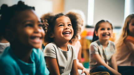 a diverse group of smiling children engaged in various activities, surrounded by supportive teachers and mental health professionals in a vibrant and nurturing school environment