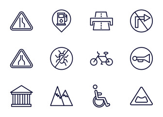 Canvas Print - set of traffic signs thin line icons. traffic signs outline icons such as lane, gas station, highway, _icon19_, narrow road, museum, hill, handicap vector.