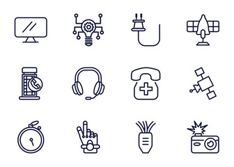 Wall Mural - set of technology thin line icons. technology outline icons such as simple screen, technology, basic plug, _icon19_, phone box, stopwatch running, robotic hand, tinsel vector.