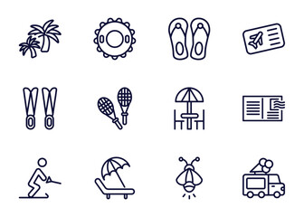 Poster - set of summer thin line icons. summer outline icons such as island with palm trees, rubber ring, pair of flip flops, _icon19_, flippers, waterski, beach chair, firefly vector.